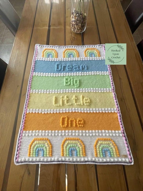 UK Terminology Rainbow dreams with rainbows crochet blanket pattern | crochet baby blanket | puff stitch pattern | bobble stitch pattern.
