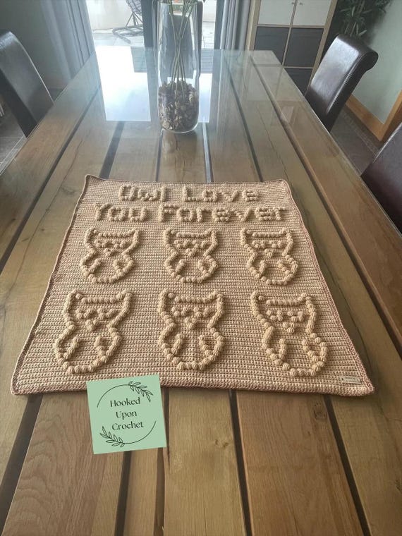 UK Terminology Owl Love You forever | owl blanket | baby crochet blanket pattern | puff stitch pattern | bobble stitch pattern.