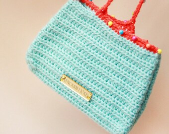 Turquoise and Orange Handbag for Women. Essentials Mini Crochet Wrist Bag. Fashion Purse with Colorful Beads. Gift for Mom & Daughter