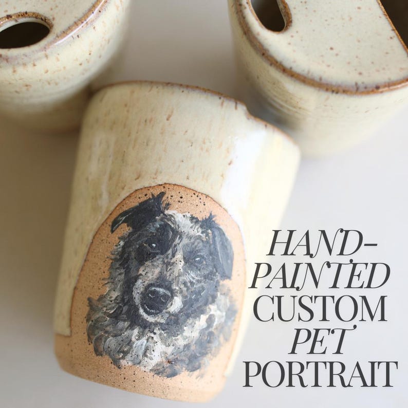 A personalized pet portrait mug featuring a hand-painted dog or cat, this handmade ceramic tumbler is a heartfelt pet loss gift or custom pet lover keepsake. Perfect for pet parents, dog moms, and cat dads, this unique pet artwork mug is thoughtful
