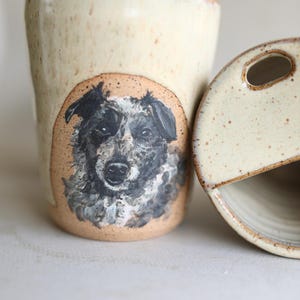 This handcrafted custom pet mug features a hand-painted pet portrait, making it a meaningful pet memorial gift, pet remembrance keepsake, or personalized pet lover mug. A one-of-a-kind ceramic coffee cup for dog owners, cat lovers, and pet owners
