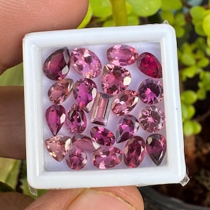 Puede incluir: Una colección de piedras preciosas rosas y magenta en varias formas, incluyendo óvalos, peras y redondas, exhibidas en una bandeja de plástico blanco. Las piedras preciosas varían en tonalidad, desde rosa claro hasta magenta intenso. La bandeja se sostiene contra un fondo de follaje verde.