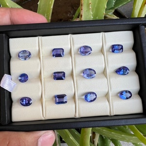 May include: A collection of twelve loose gemstones in various shapes and sizes, including oval, pear, and emerald cuts, displayed in a white velvet-lined box with black trim.