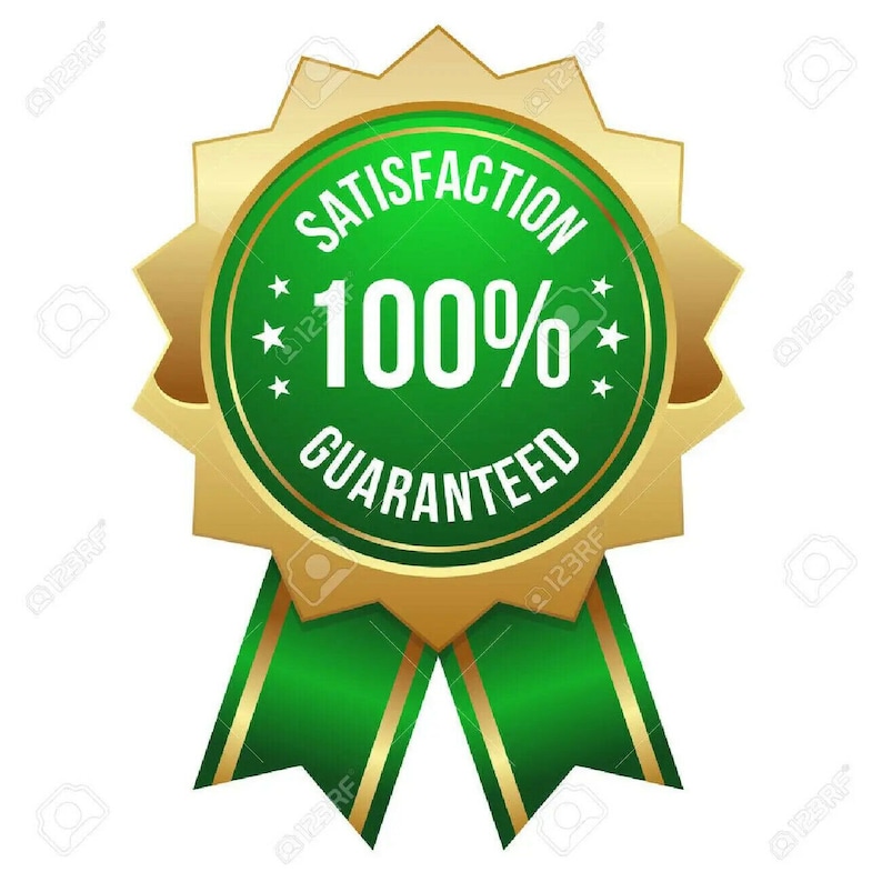 May include: A gold star-shaped badge with a green center that says "Satisfaction 100% Guaranteed". The badge has a green ribbon with gold trim.