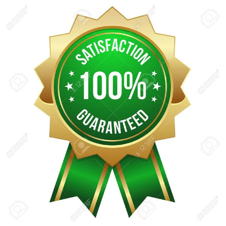 May include: A gold star-shaped badge with a green center that says "Satisfaction 100% Guaranteed". The badge has a green ribbon with gold trim.