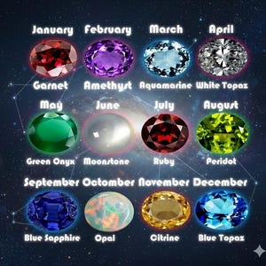 Op de afbeelding: Een afbeelding met geboortestenen voor elke maand. Met granaat, amethist, aquamarijn, witte topaas, groene onyx, maansteen, robijn, peridot, blauwe saffier, opaal, citrien en blauwe topaas.