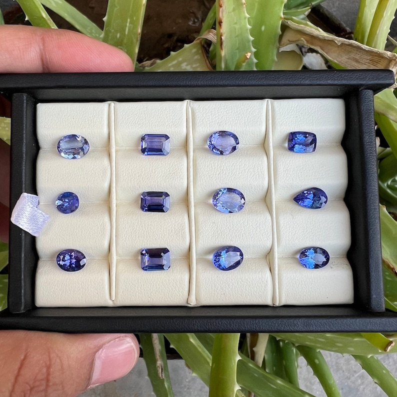 May include: A collection of twelve blue gemstones displayed in a white velvet lined box. The gemstones are arranged in rows and are of various shapes and sizes.