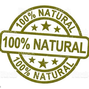 May include: A green rubber stamp with the text "100% NATURAL" in a circle and a rectangle. The stamp has a distressed, worn look.