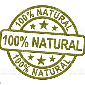 May include: A green rubber stamp with the text "100% NATURAL" in a circle and a rectangle. The stamp has a distressed, worn look.