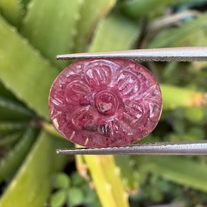 May include: A round, carved gemstone in shades of pink and red, held by silver tweezers. The gemstone features a detailed floral design. The background is blurred green foliage.