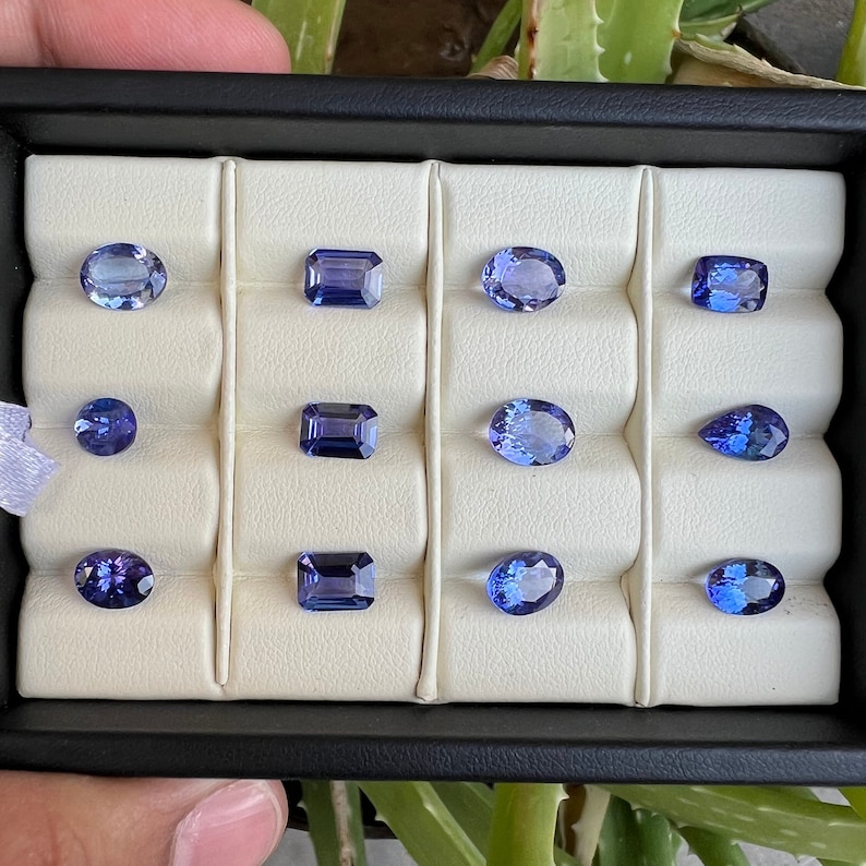 May include: A collection of twelve blue gemstones displayed in a white velvet lined box. The gemstones are arranged in rows and are of various shapes and sizes.