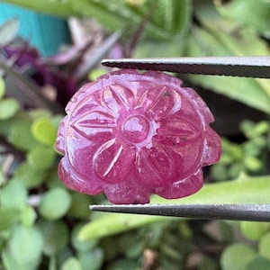 Puede incluir: Una gema tallada en forma de flor, en tonos rosas y rojos, es sostenida por unas pinzas. La gema tiene un diseño floral detallado con un elemento circular central y pétalos radiantes. El fondo es un follaje verde borroso.