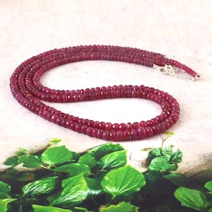 May include: A layered necklace composed of small, faceted, deep red gemstones. The necklace is arranged in a curved shape, with a silver clasp visible at the end. The background features green leaves and a light-colored surface.