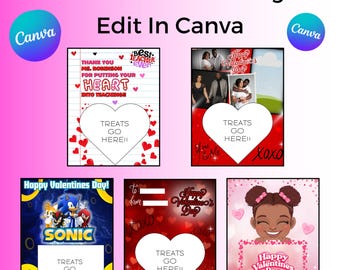 May include: Set of six printable Valentine's Day cards featuring different designs. Each card has a heart-shaped space for a photo or treat. The designs include a teacher appreciation card, a Sonic the Hedgehog card, a couple's card, and a card with a cartoon girl.