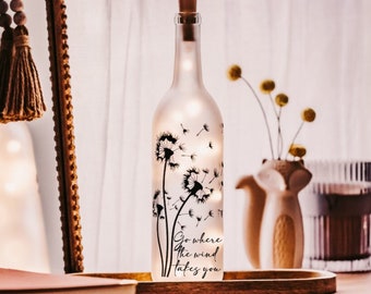 Light Up Wine Bottle, Novelty Lamp, Wine Bottle Decor, Bottle Lamp, Dandelion Print, Wine Bottle Lights, Cozy Lighting