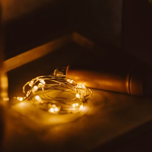 May include: A string of warm white fairy lights wrapped around a brown cylindrical object on a white surface.