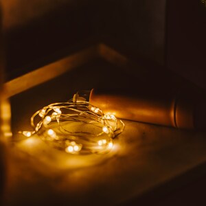 May include: A string of warm white fairy lights wrapped around a brown cylindrical object on a white surface.