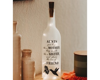 Aunt Gift: Wine Bottle Light with Hummingbird & Flower Design