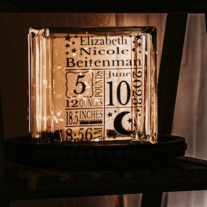 Nursery Night Light - Birth Stats Sign - Glass Block Lamp - Baby Shower Gifts