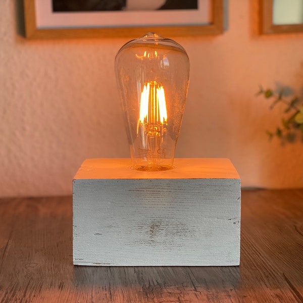 Industrial Palettenholz Lampe Edison Weiß shabbychic Landhaus Leuchte Europalette Holzklotz Industrie Palettenlampe Tischlampe Rustikal 4W