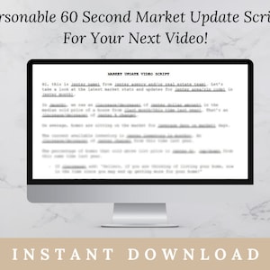 May include: A computer screen displaying a script for a real estate market update video. The script includes a greeting, a brief overview of the market, and a call to action. The text on the screen reads "MARKET UPDATE VIDEO SCRIPT" and "Hi, this is Jenter namel from Jenter agency and/or real estate team. Let's take a look at the latest market stats and updates for Jenter area/zip code in Jenter month."