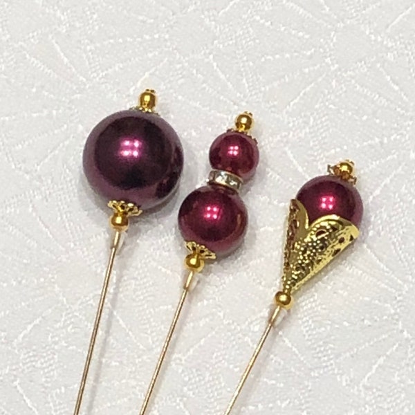 Burgundy Pearl hat pins in a choice of 3 designs