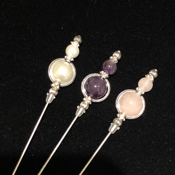 Rose Quartz, Amethyst or Pearl silver hat pins: long 15cm