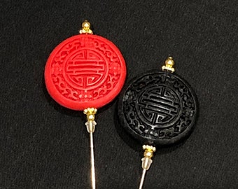 Goldene Hutnadel im chinesischen Zinnoberstil: Rot oder Schwarz - 15cm lang