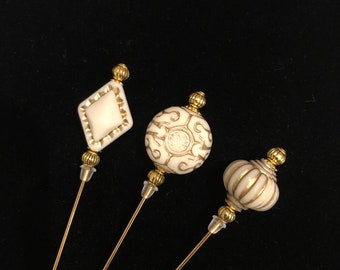 Ivory and gold patterned hat pins/lapel pins /hijab pins: A selection of 3 beautiful designs in 2 lengths