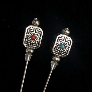 Tibetan silver rectangular pins, hat pins, stick pins, lapel pins, hijab pins in a choice of 2 lengths