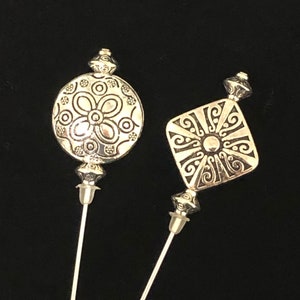 Alfileres largos de plata para sombrero. Elige entre dos hermosos diseños.