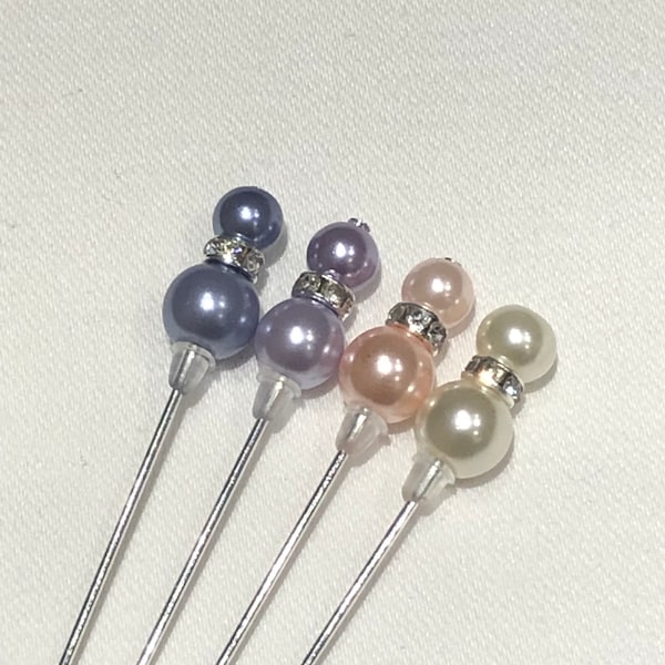 Set of 3 petite pearl and rhinestone hat pins in a choice of colours: 3inch