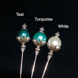 Silver flower pearl hat pins, stick pins, lapel pins etc in a choice of 14 colours and 2 lengths