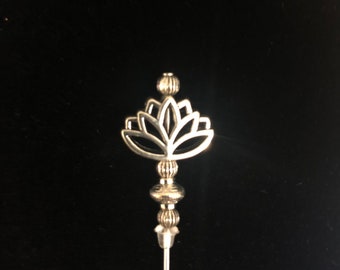 Tibetan silver lotus flower pin, hatpin, lapel pin, hijab pin, brooch pin: choice of lengths