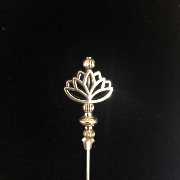 Tibetan silver lotus flower pin, hatpin, lapel pin, hijab pin, brooch pin: choice of lengths