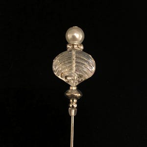 Pearl and glass shell silver hatpin, Lapel pin, hijab pin in a choice of 2 lengths