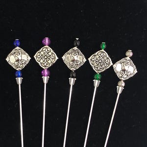 Tibetan Silver Rose Design hat pins/lapel pins/hijab pins/stick pins. A choice of 5 colours and 2 lengths