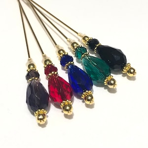 Teardrop Crystal silver or gold hat pins in a choice of colours