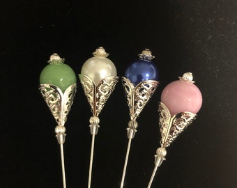 Silver filigree hat pins (Long) in a choice of colours