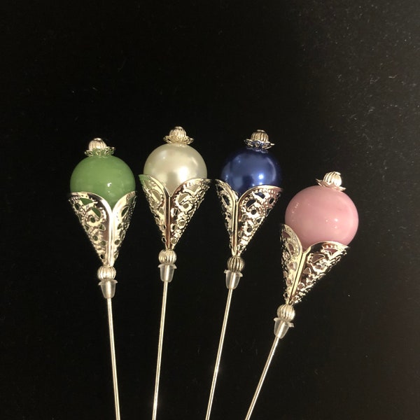 Silver filigree hat pins (Long) in a choice of colours