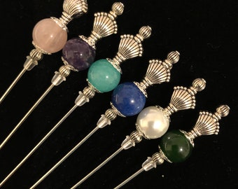 Tibetan Silver and gemstone hat pins in a choice of colours: long 15cm