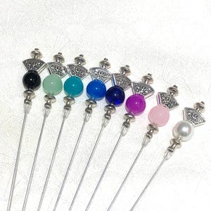 Silver hat pins/lapel pins/stick pins/hijab pins in a choice of colours and lengths