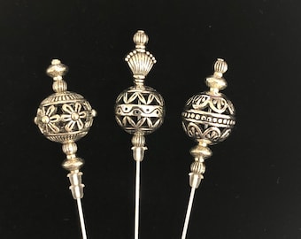Tibetan Silver hat pins. A selection of 3 beautiful designs in a choice of lengths