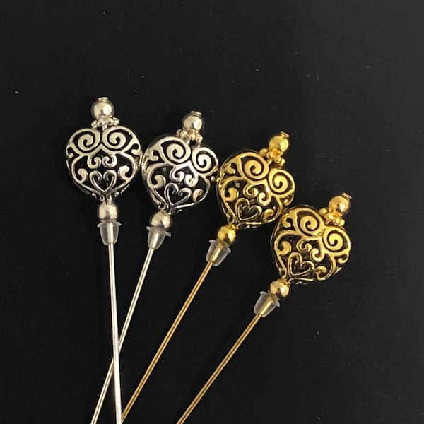 Tibetan Silver/Antique Gold Filigree heart hat pins in 2 lengths: 15cm or 7.5cm