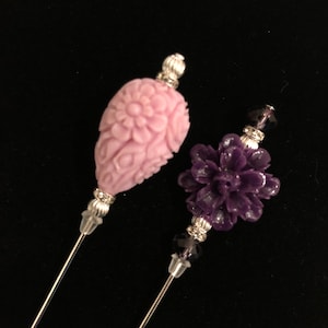 Purple and pink hat pins/lapel pins /hijab pins/brooch pins: 2 beautiful designs in 2 lengths
