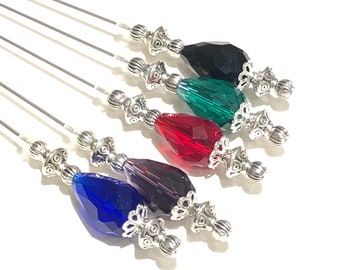 Tibetan Silver and Teardrop Crystal hat pins in a choice of colours