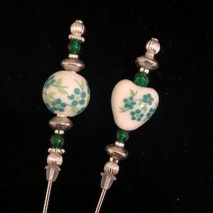 Green flower pattern porcelain and silver hat pins/lapel pins /hijab pins/brooch pins: 2 beautiful designs in 2 lengths