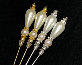 HATPIN With 2 FAUX PEARLS on Old Silver Finish Setting - 8  display picture 1