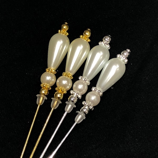 Teardrop Pearl hat pins in silver or gold with choice of length