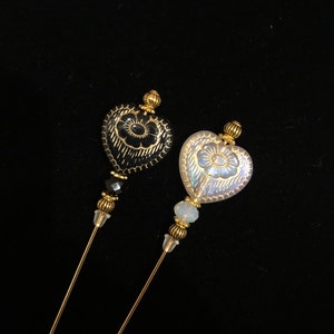 Black or Opal Etched Heart hat pins/lapel pins/hijab pins in gold: choice of length
